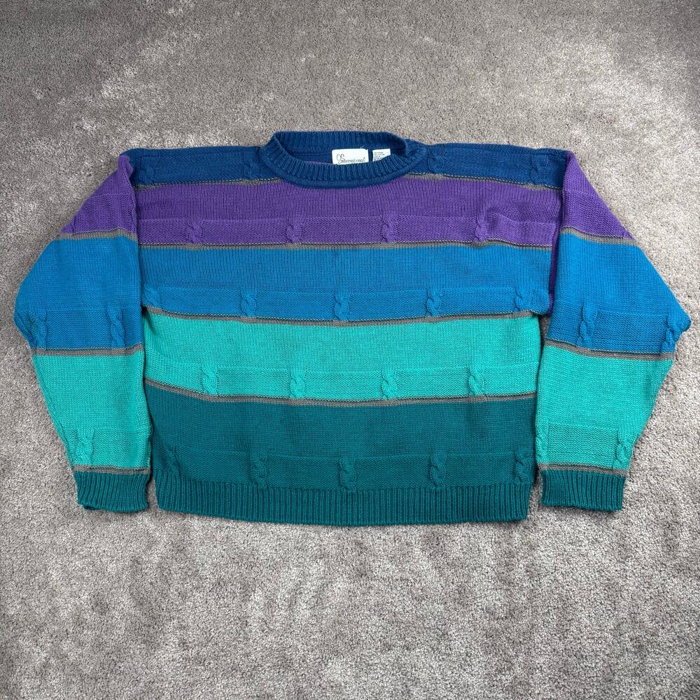 Striped Colorblock Sweater Size M Teal Purple Vtg 90s Dopamine OS International